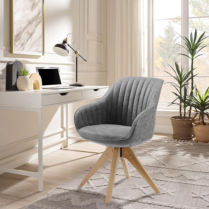 Zouron Mid Century Modern Accent Chair with Oak Wood Legs, Upholstered Swivel Chair No Wheels, Side Accent Armchair Vanity Chair for Small Space Home Office Living Room Bedroom, Gray