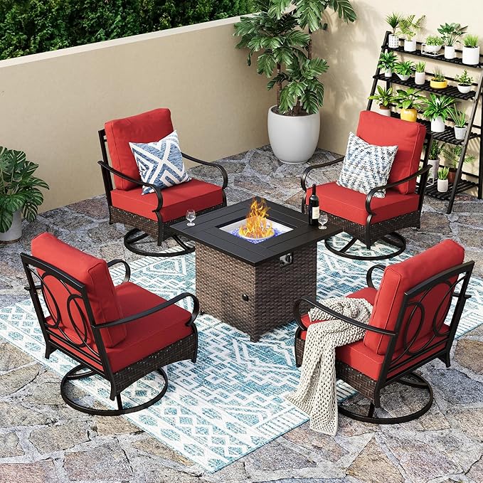 Patio Furniture Set with 32" Fire Pit Table, Patio Conversation Sets 4 Swivel Chairs with Thick Cushion and 50000 BTU Fire Pit Table (5 Pieces,Red