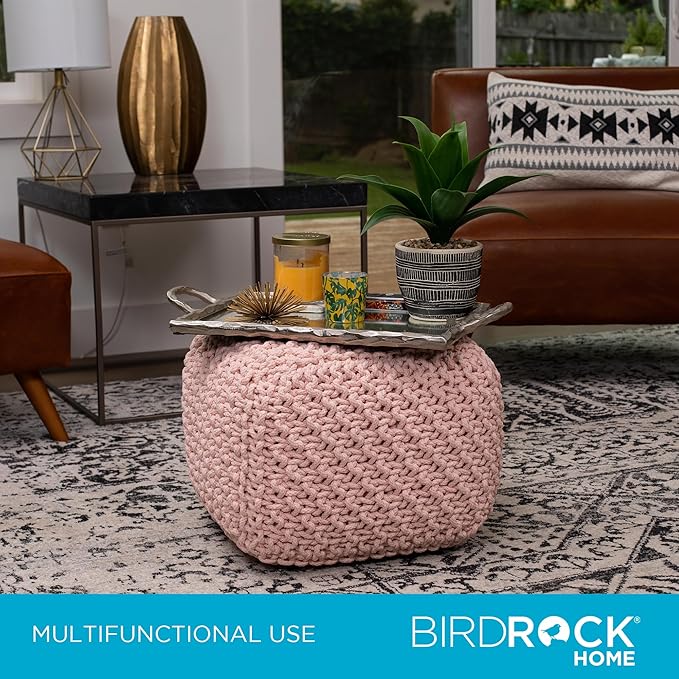 BIRDROCK HOME Square Pouf Ottoman | Cotton Braided Foot Stool with Bean Bag Filling | Boho Foot Rest for Living Room, Bedroom | Compact & Comfortable Seating, Lightweight & Sturdy | Dusty Rose