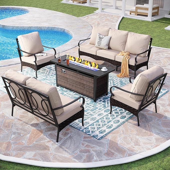 Patio Furniture Set with 56" Fire Pit Table, Premium Outdoor Wicker Metal Frame Furniture with Upgraded Waterproof Thick Cushions for Porch, Poolside, Deck, and Yard