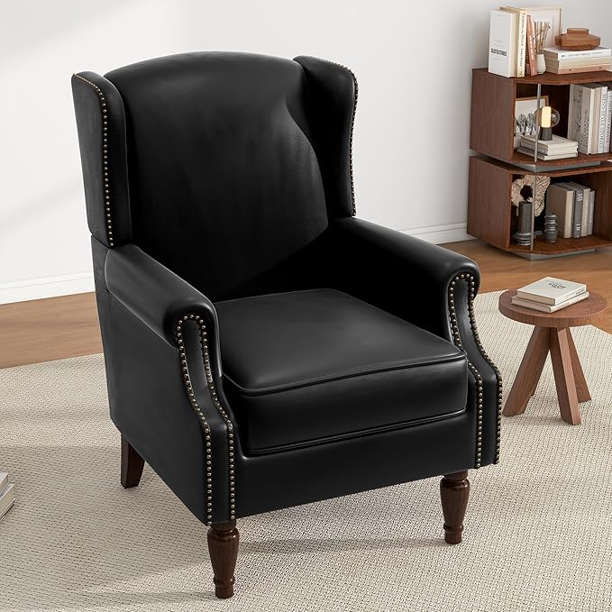 UIXE PU Leather High Back Accent Chair, Upholstered Armchair for Living Room, Retro Wingback Arm Chair Nailhead Trim Single Sofa Bedroom Reading Seat with Solid Wood Legs - Black