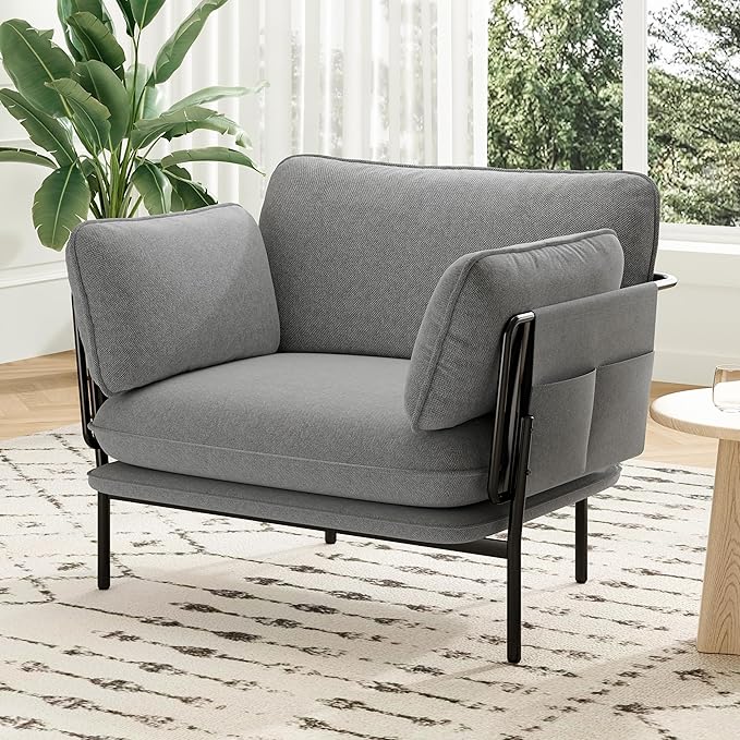 Modern Accent Chair for Living Room, Oversized Reading Chair with Solid Metal Legs, Upholstered Fabric Armchair with Side Pockets and 2 Pillows, Accent Chairs for Bedroom, Nursery, Blue Gray