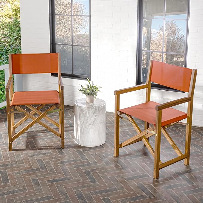 JONATHAN Y DRC1000C-SET2 Cukor Classic Vintage Outdoor Acacia Wood Folding Director Chair with Canvas Seat Classic, Vintage, Mid-Century, Modern, Traditional, Coastal, Orange/Teak Brown (Set of 2)