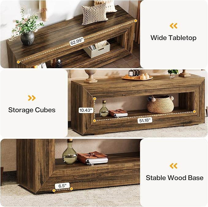 Tribesigns 63" Farmhouse Console Table, Narrow Entryway Sofa Table for Behind Couch, Long Sofa Station, Retro Wooden Entryway Accent Furniture for Living Room, Hallway, Entry, Brown