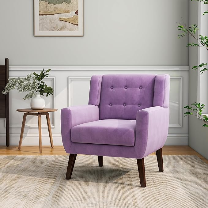 Accent Chair, Mid-Century Modern Velvet Fabric Chairs with Arms for Living Room, Comfy Upholstered Club Single Sofa Armchair for Bedroom Waiting Room with Solid Wood Frame (Velvet Purple, Set of 1)