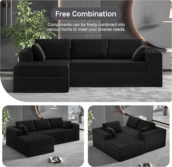 108-inch Boneless Couch for Living Room,Comfy Boneless Sofa with Deep Seats & Chaise Lounge, 3-Seat Modular Sofa Memory Foam Sectional Couches - No Assembly Required(Dark Black)
