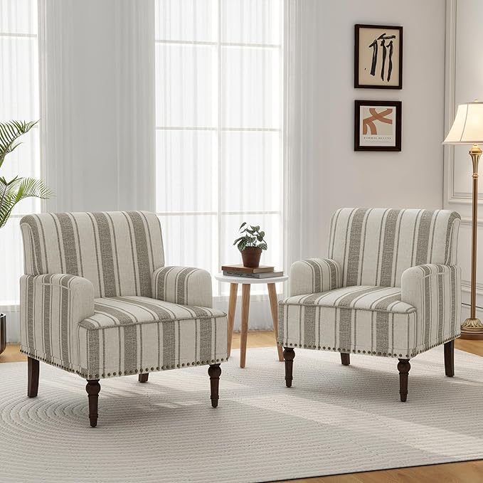 Accent Chair, Mid Century Modern Comfy Armchair for Living Room, Linen Fabric Single Sofa Lounge for Reading Bedroom Apartment Waiting Room with Wood Legs (Brown Stripe, Set of 2)