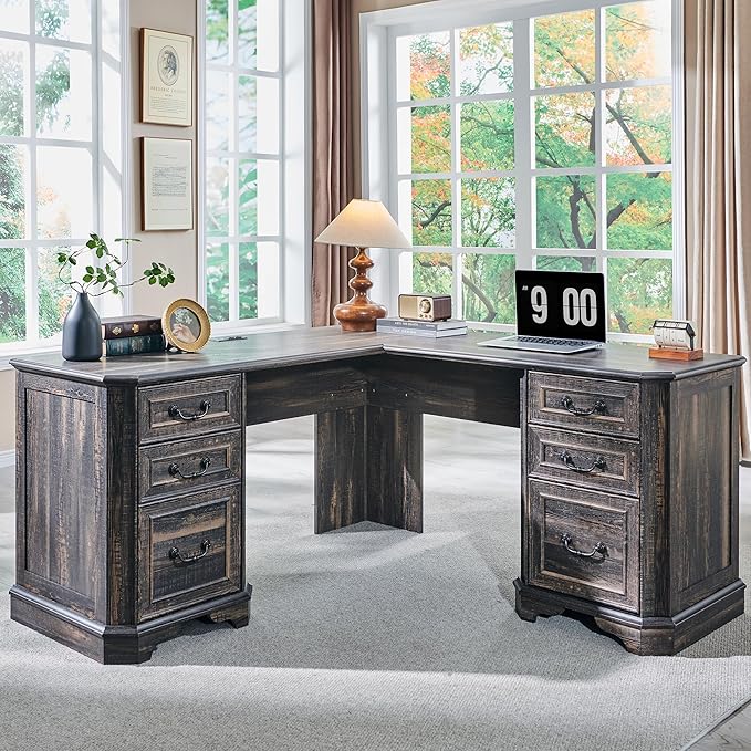 T4TREAM L Shaped Desk with Drawers,59" Farmhouse Wood Home Office Executive Desk,Charging Station,File Drawer, Storage Cabinet,Computer Desk for Work and Study (Dark Rustic Oak)