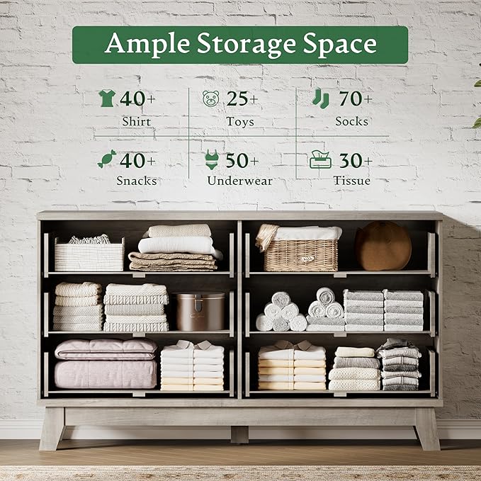 Fluted Dresser with 6 Drawers, 54" Wide Modern Chest of Drawers with Metal Handle, Wooden Dresser TV Stand, Wood Closet Clothes Storage Organizer for Bedroom, Living Room, Hallway, Light Grey