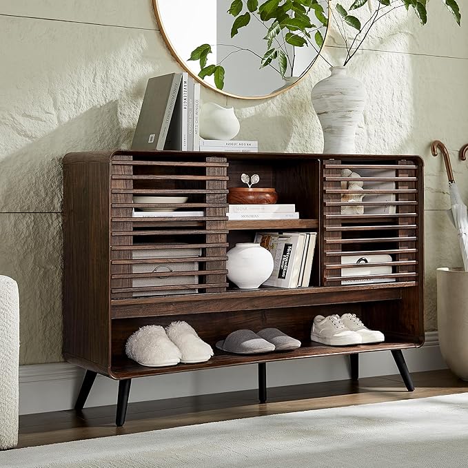RedLemon 46" Entryway Table with Slatted Sliding Door, Mid Century Modern Console Table w/Adjustable Storage Shelf, Wood Sofa Table Behind Couch for Hallway, Living Room, Foyer, Dark Walnut