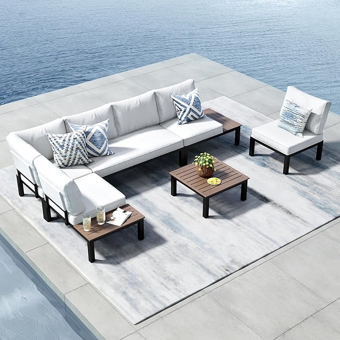 PHI VILLA 6 Pieces Outdoor Patio Furniture Set,Metal Frame Modern Outdoor Sectional Sofa Set,6 Seats Patio Conversation Sets with Coffee Table&Thickened Cushion,for Poolside and Backyard,Light Grey