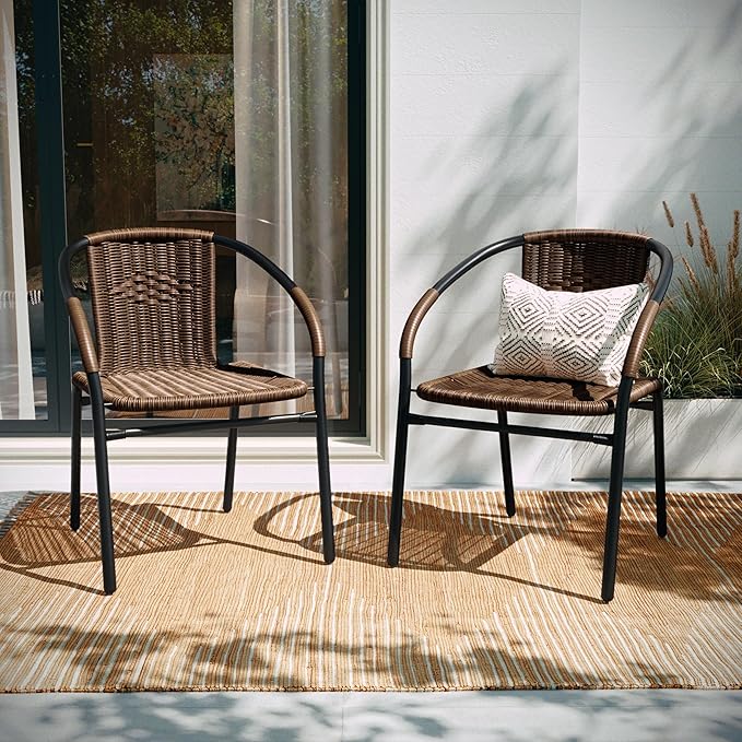 EMMA + OLIVER Set of 2 Modern Rattan Indoor/Outdoor Stack Chairs, Stacking Rattan Patio Chairs with Curved Back and Cross Bracing, Brown