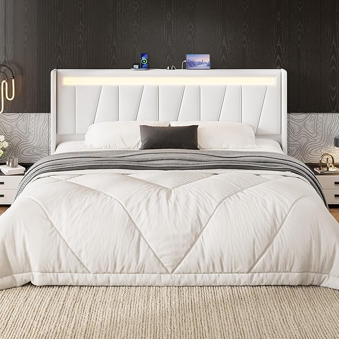 SHA CERLIN King Size Bed Frame with Charging Station and LED Lights, Modern Velvet Platform Bed with Upholstered Geometric Wingback Headboard, No Box Spring Needed, Easy Assembly, White