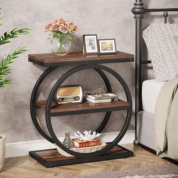 Tribesigns End Table Set of 2, Narrow End Table with 3 Storage Shelves, Wooden Side Table, Industrial Small Sofa Side Table for Living Room, Slim Nightstand and Bedside Table for Bedroom