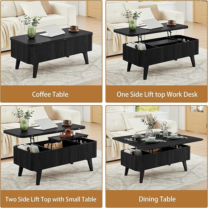 3 in 1 Lift Top Coffee Table, Fluted Convertible Coffee Tables Converts to Dining Tables, Modern Oval Wooden Center Table with Storage for Living Room Office Small Space, Partial Assembly (Black)