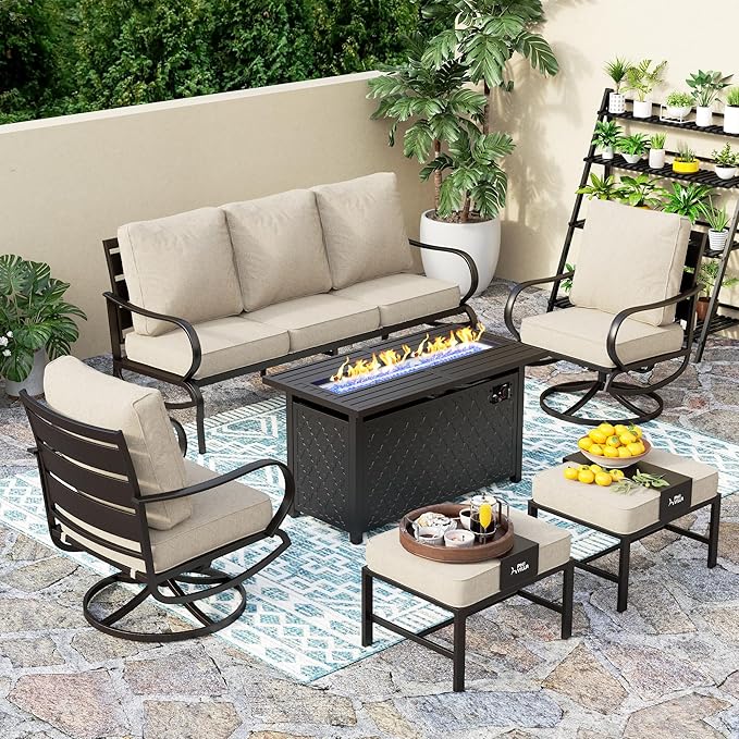 PHI VILLA Patio Furniture Set with FirePit Table, Outdoor Furniture with 1 x 72 Deep Seating Sofa Bench, 1 x 45 Gas Firepit Table, 2 x Swivel Sofa Chairs, 2 x Metal Cushioned Ottoman