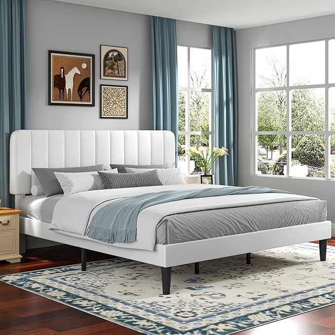 VECELO King Size Bed Frame with Upholstered Headboard, Velvet Platform Bedframe Mattress Foundation, Strong Wood Slat Support, No Box Spring Needed,White