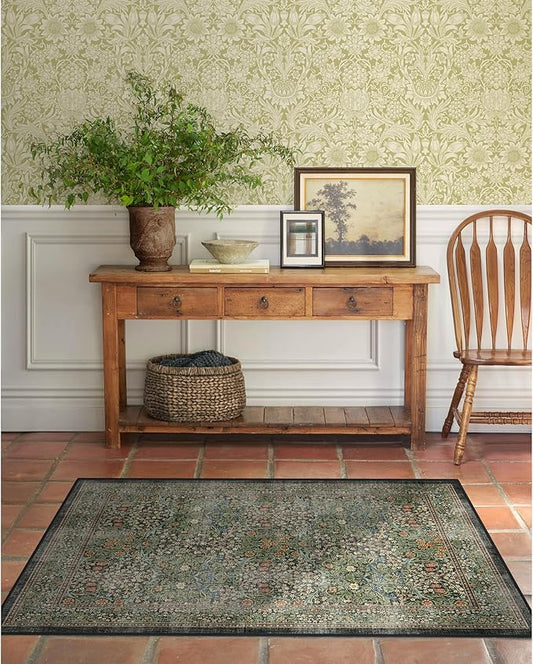 RUGGABLE x Morris & Co Washable Area Rug – Blackthorn Forest Green 3x5, Stain-Resistant, Non-Slip – Small Machine Washable Rugs for Living Room, Bedroom, Hallway, Entryway & Office–with Cushioned Pad