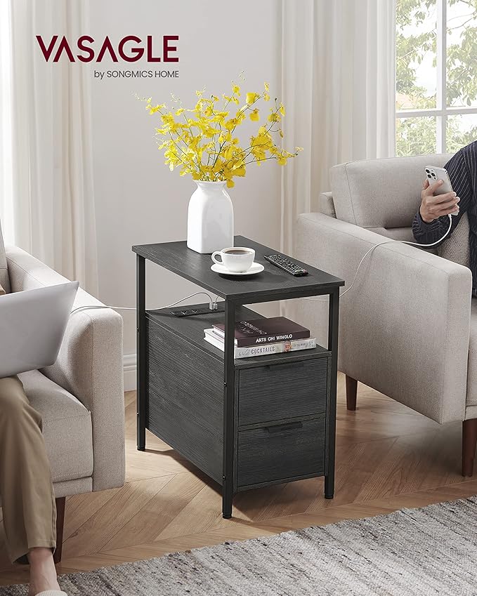 VASAGLE Side End Table with Charging Station, Slim Nightstand with 2 Drawers, Narrow Bedside Table for Living Room, Small Spaces, Charcoal Gray and Ink Black ULET321B22