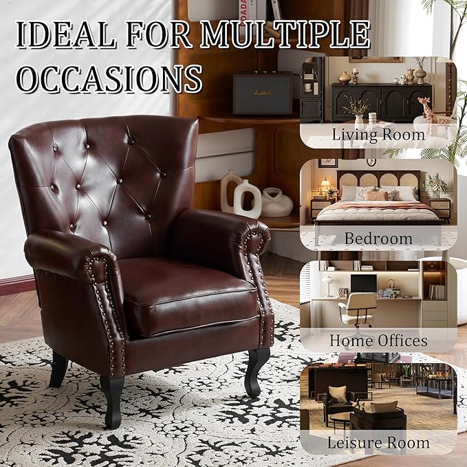 Modern Faux Leather Accent Chair, Upholstered Mid-Century Armchair with Solid Wood Legs, Single Sofa Chair for Living Room, Bedroom, or Reading Room(Reddish Brown)