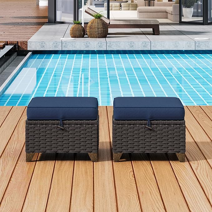 2 Pieces Patio Outdoor Ottomans with Removable and Washable Covers,PE Rattan Wicker Footstools for Porch, Garden, Sunroom (Navy Blue)