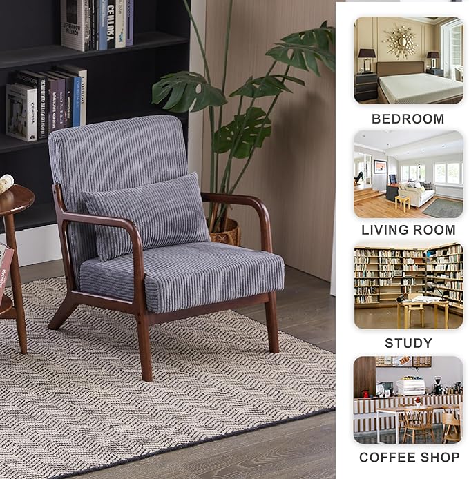 Accent Chairs, Mid-Century Modern Chair with Pillow, Armchair with Solid Wood, Reading Relaxing Leisure Chair for Living Room(Dark Grey/Walnut)