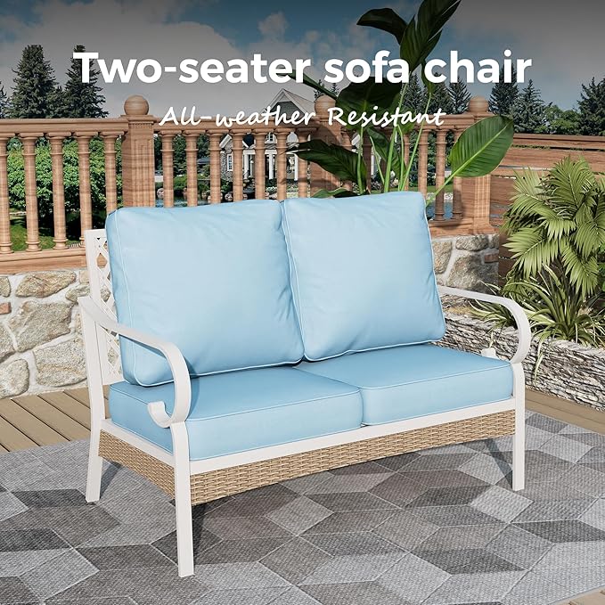 Patio Furniture Sofa, Love-Seat Patio Sofa Steel Frame Outdoor Sectional Couch with Deep Seating and 5.5” Cushions for Lawn Backyard Porch Deck, Blue