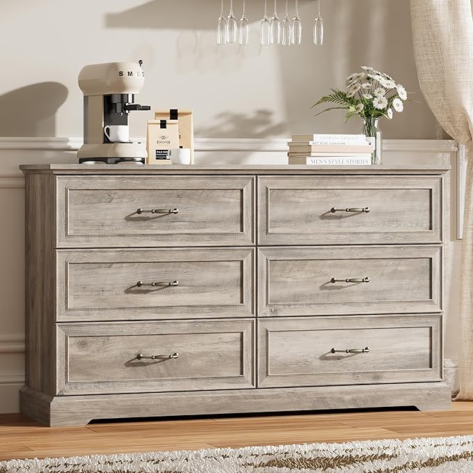 6 Drawer Dresser for Bedroom, 53" Wide Wooden Chest of Drawers, Rustic Farmhouse Dresser with Large Drawers & Metal Handles, Modern Storage Organizer for Closet, Living Room, Hallway, Grey