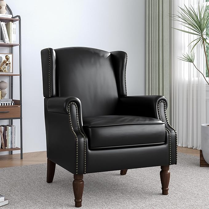 Lumibee Accent Chair, Faux Leather High Back Armchair or Living Room, Comfy Upholstered Single Sofa Reading Chair with Solid Wood Legs for Office, Bedroom, Waiting Room-Black