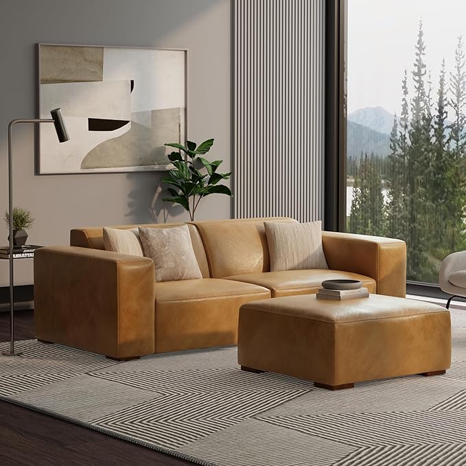 SIMPLIHOME Rex Modular Sofa and Ottoman Set in Full-Grain Genuine Leather, Sienna, 88-inch-Wide 2-Seater Leather Couch and Matching 34-inch-Wide Table Ottoman for Living Room