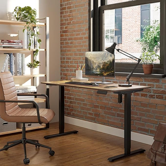 FEZIBO One-Piece Standing Desk Adjustable Height Stand up Home Office Desk, 55x24 Inch Electric Standing Computer Desk, with 4 Memory Presets, Headphone Hook, Rustic Brown