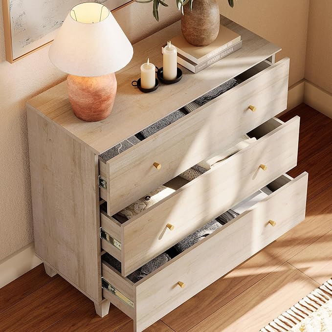 WAMPAT 3-Drawer Kids Dresser for Bedroom, Modern Small Chest of Drawers with Gold Knobs, 35 Inch Wide Light Oak Wood Children Dresser for Baby Room, Nursery, Living Room