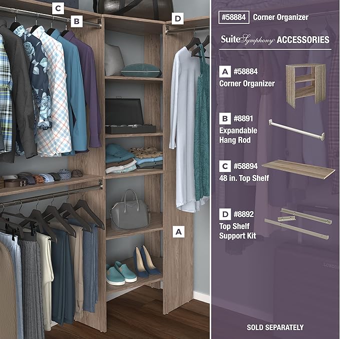 ClosetMaid SuiteSymphony Wood Corner Shelf Unit, 2 Shelves, Adjustable, Stacking, For Storage, Closet, Clothes, Shoes, Décor, Natural Gray