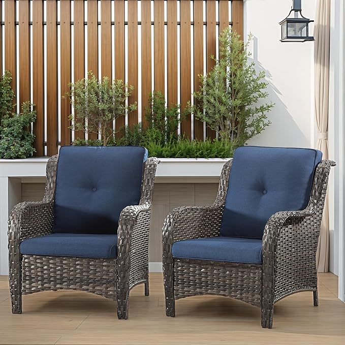 Patio Wicker Chairs Set of 2, Patio Rattan Dining Chairs with 3.5-inch Seat Cushions, High Back and Curved Armrest for Garden, Backyard, Balcony and Deck, Blue