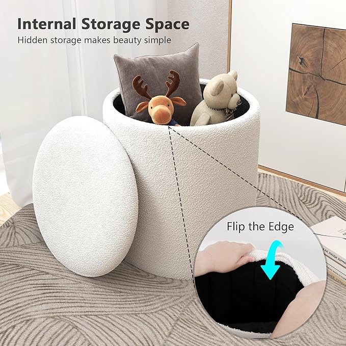 Ottoman Poufs with Storage, Set of 2 Soft Upholstered Vanity Stool,Multifunctional Ottomans Coffee Table Padded Seat Foot Rest for Living(White, Pack of 2)