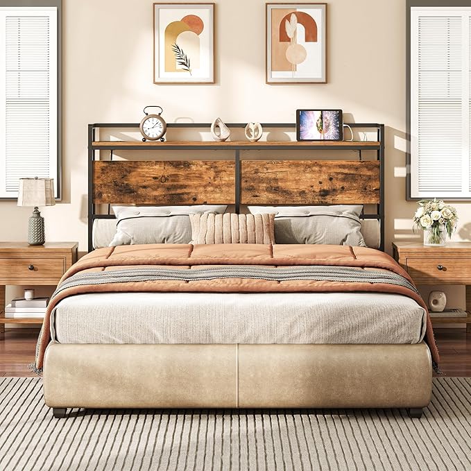 HOOBRO Headboard Full Size, Headboard with 2 Outlets and 4 USB Ports, Adjustable Height, Storage Rack, Sturdy and Stable, Easy Assembly, Rustic Brown and Black
