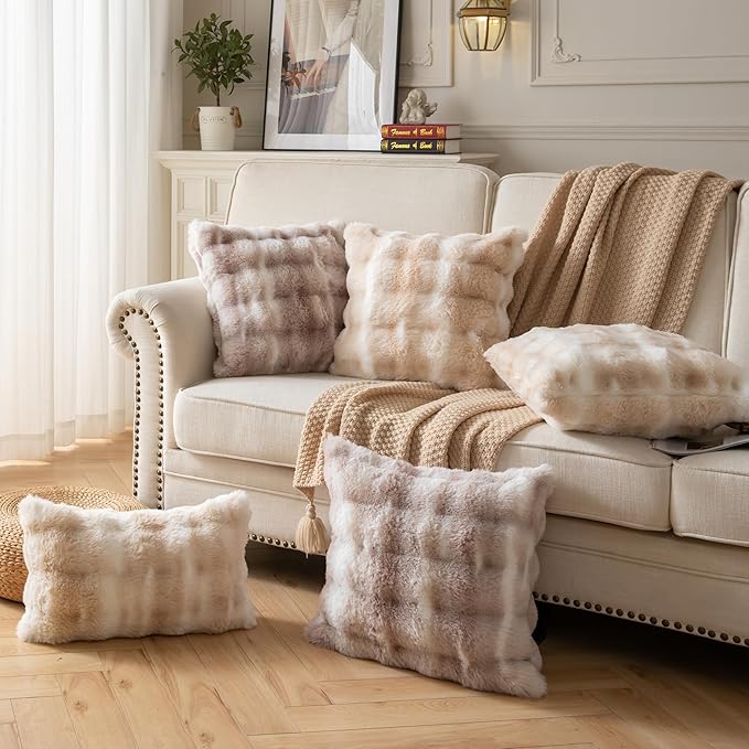 Pack of 2 Thick Plush Throw Pillow Covers Fluffy Wave Faux Fur Decorative Cushion Covers Soft Wool Pillowcase for Sofa Couch Livingroom 24x24 Inch White Taupe