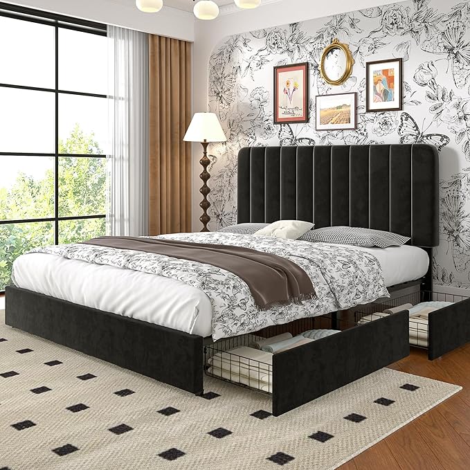 VECELO Queen Size Upholstered Bed Frame with 4 Drawers and Headboard, Velvet Platform Storage Bedframe, Wooden Slats Support, No Box Spring Needed,Black