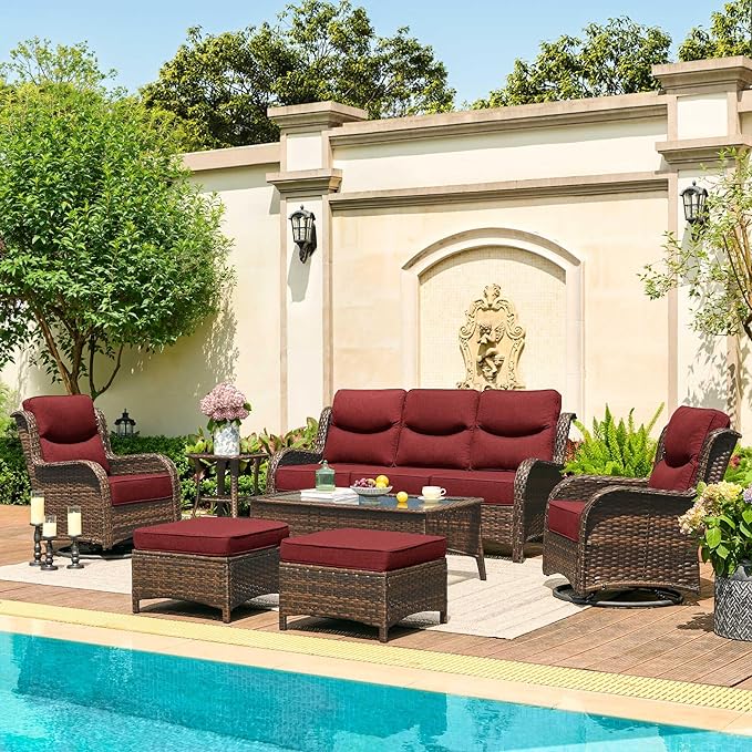HILLGA Luxury Patio Furniture Set with 6-inch Thick Cushion, Outdoor Couch and High Back Swivel Rocker Patio Chairs, 7PCS Wicker Conversation Set for Deck Yard and Poolside, Burgundy (V2)