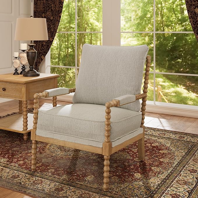 Morden Fort Linen Fabric Spindle Accent Chair with Wood Frame, French Style Accent Chairs with Padded Spring Seat and Armrest Pads, Brushed Base for Living Room Bedroom Farmhouse Office Balcony(Beige)