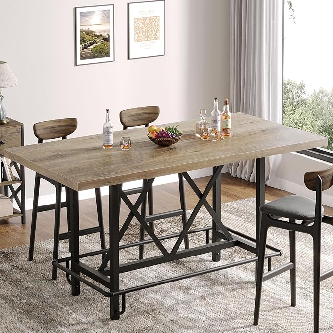 Tribesigns Bar Table, Industrial Counter Height Pub Table with Metal Footrest, 63-Inch Rectangle Wood Kitchen Dining Table with Sturdy Metal Frame for Dining Room, Home Bar (Gray)