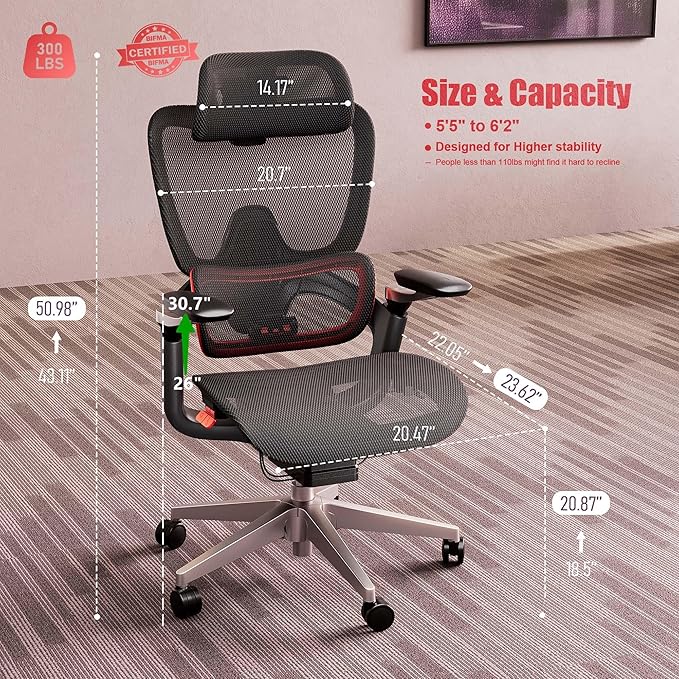 Ergonomic Office Chair, Big and Tall Mesh Computer Gaming Chair with Adaptive Lumbar Support, Work Chair with Headrest, 5D Armrest,90-130°Tilt, BIFMA Certified, Model Zen (Red)