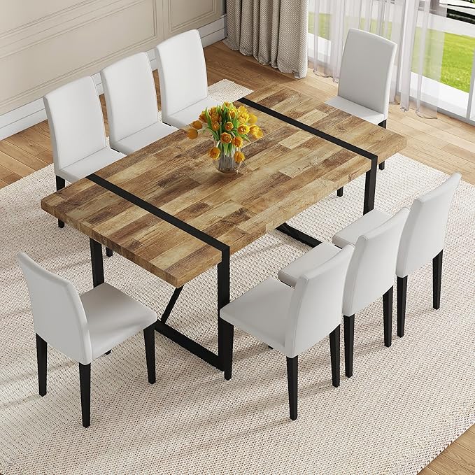 Dining Table Set for 6,Dinner Table Set for 6,71'' Kitchen Table and PU Leather Chairs Set of 6,6 Chair Dining Table Set for Kitchen Dining Room
