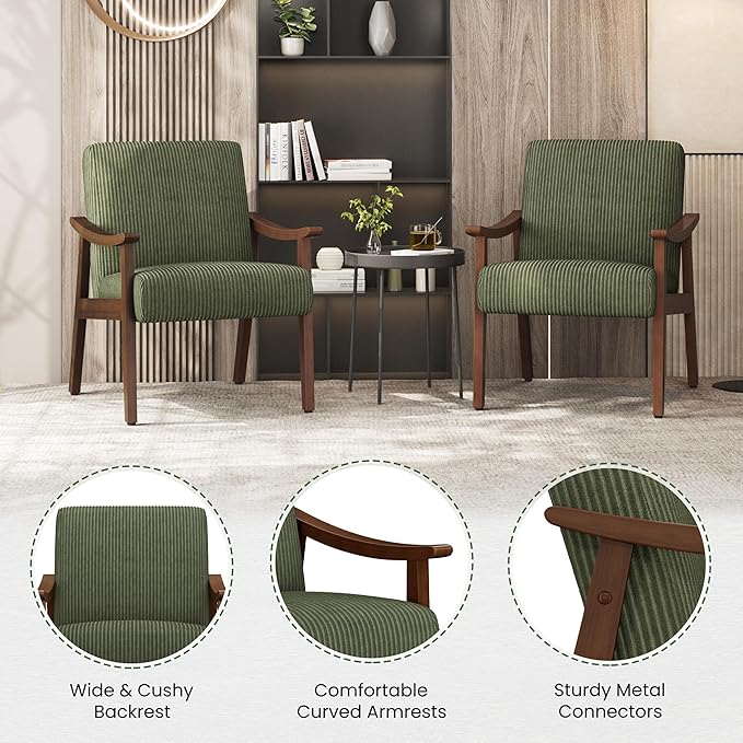 Yaheetech Corduroy Accent Chair, Mid-Century Modern Armchair with Solid Wood Legs, Reading Leisure Chair with High Back for Living Room Bedroom Waiting Room, Set of 2, Dark Green