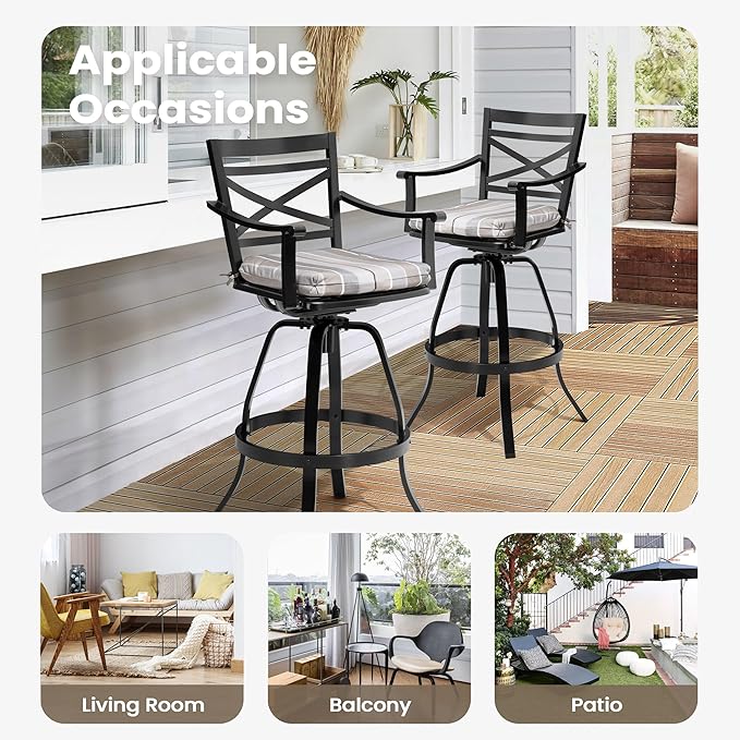 Pellebant 30" Sunbrella Outdoor Bar Stools Set of 2, Aluminum Swivel Patio Bar Height Barstools with Back & Footrest, Tall Barstool Chairs for Deck Lawn Garden, Milano Char