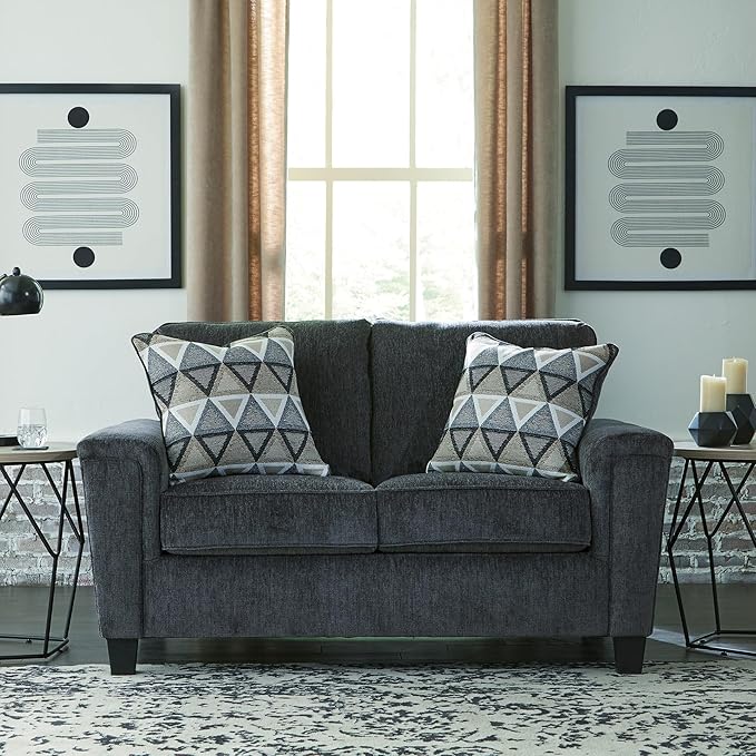 Signature Design by Ashley Abinger Chenille Contemporary Loveseat with 2 Accent Pillows, Dark Gray