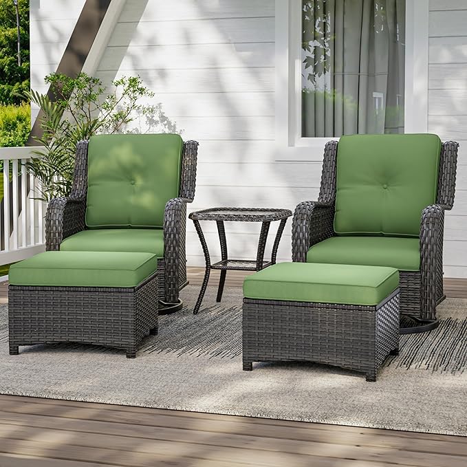 5 Piece Outdoor Patio Furniture Set Wicker Conversation Set Swivel Rocking Chairs with Side Table and Ottomans for Backyard, Porch, Deck, Green