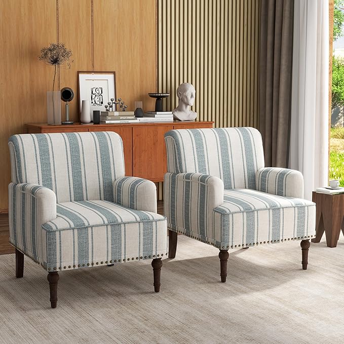 UIXE Stripe Accent Chairs Set of 2, Living Room Arm Chair Modern Nailhead Trim Club Armchair, Comfy Upholstered Sofa Lounge Seat Reading Seat Bedroom Side Seating for Home Office, Blue