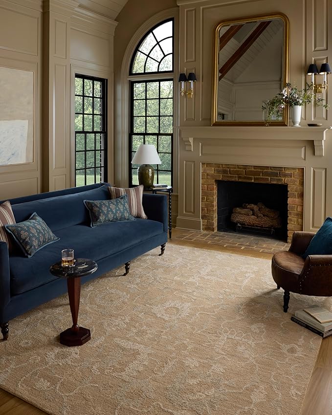 Loloi Chris Loves Julia Dorothea Collection DRT-01 Sand/Pebble 11'-6" x 15' Area Rug Wool Neutral Floral Living Room Bedroom Carpet
