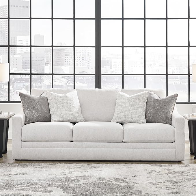 Signature Design by Ashley Maitelynn Contemporary Sofa with Accent Pillows, Reversible Cushions and Sloped Arms, Light Gray